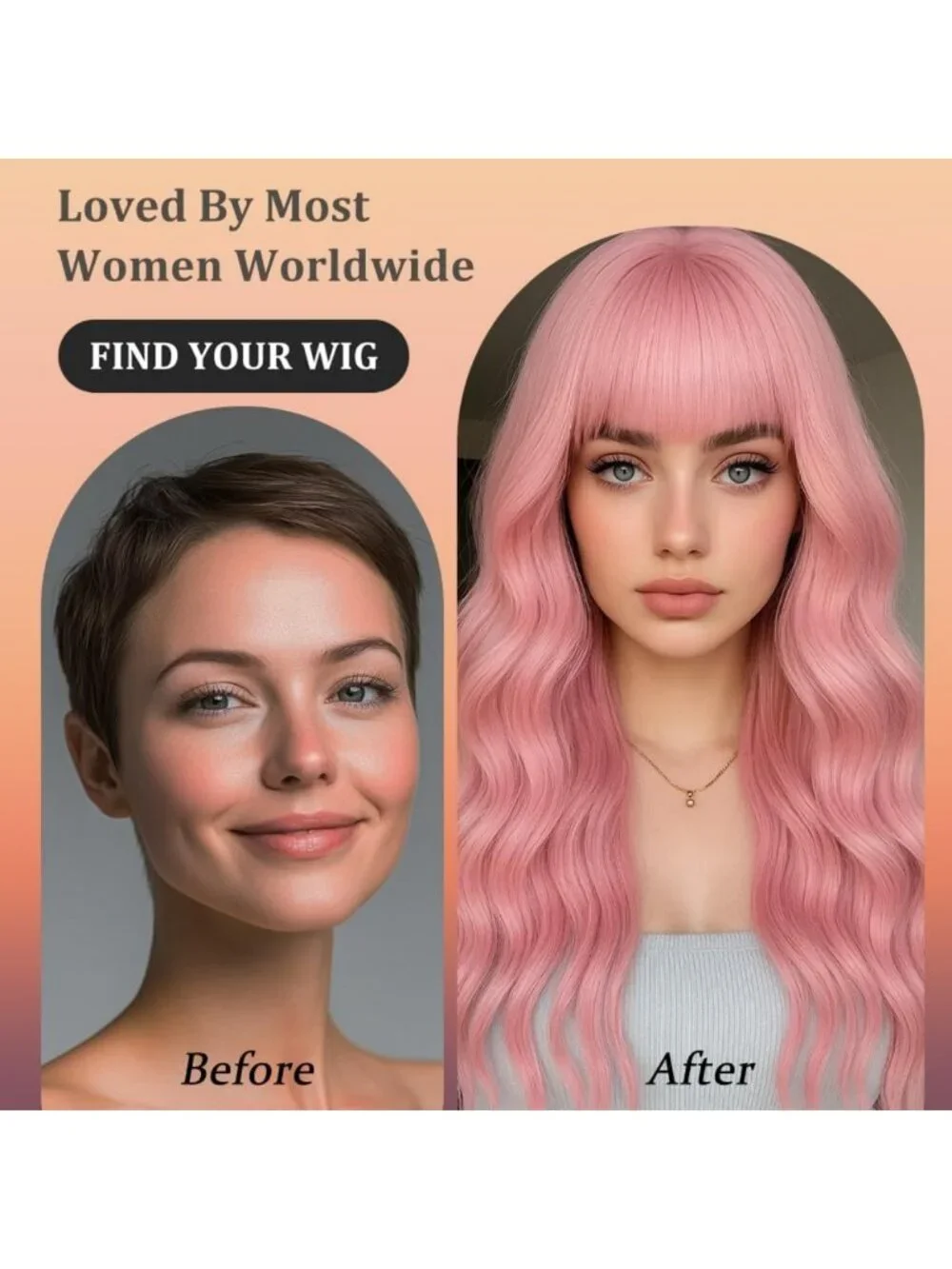 26-Inch Pink Wavy Curly Wig with Bangs | Soft Fiber, Adjustable Cap for Daily